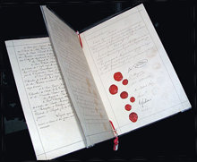 Az első genfi egyezmény eredeti dokumentuma 1864-ben ellátást garantált a sebesült katonáknak.